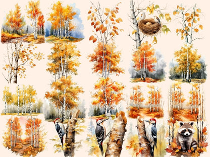 Fall Birch Trees Watercolor Clipart autumn clipart - Wonders Artist