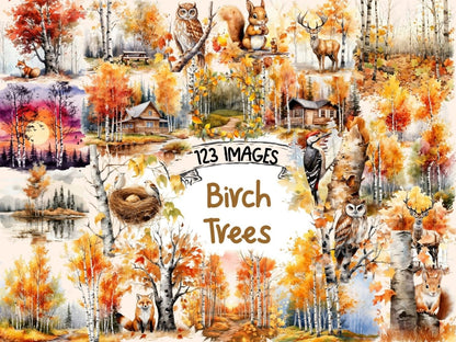 Fall Birch Trees Watercolor Clipart autumn clipart - Wonders Artist