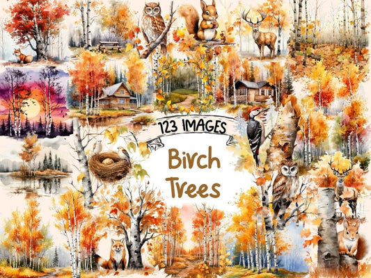 Fall Birch Trees Watercolor Clipart autumn clipart - Wonders Artist