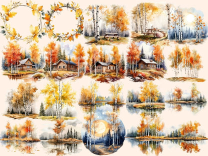 Fall Birch Trees Watercolor Clipart autumn clipart - Wonders Artist