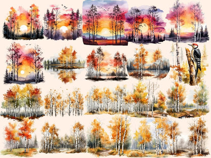 Fall Birch Trees Watercolor Clipart autumn clipart - Wonders Artist