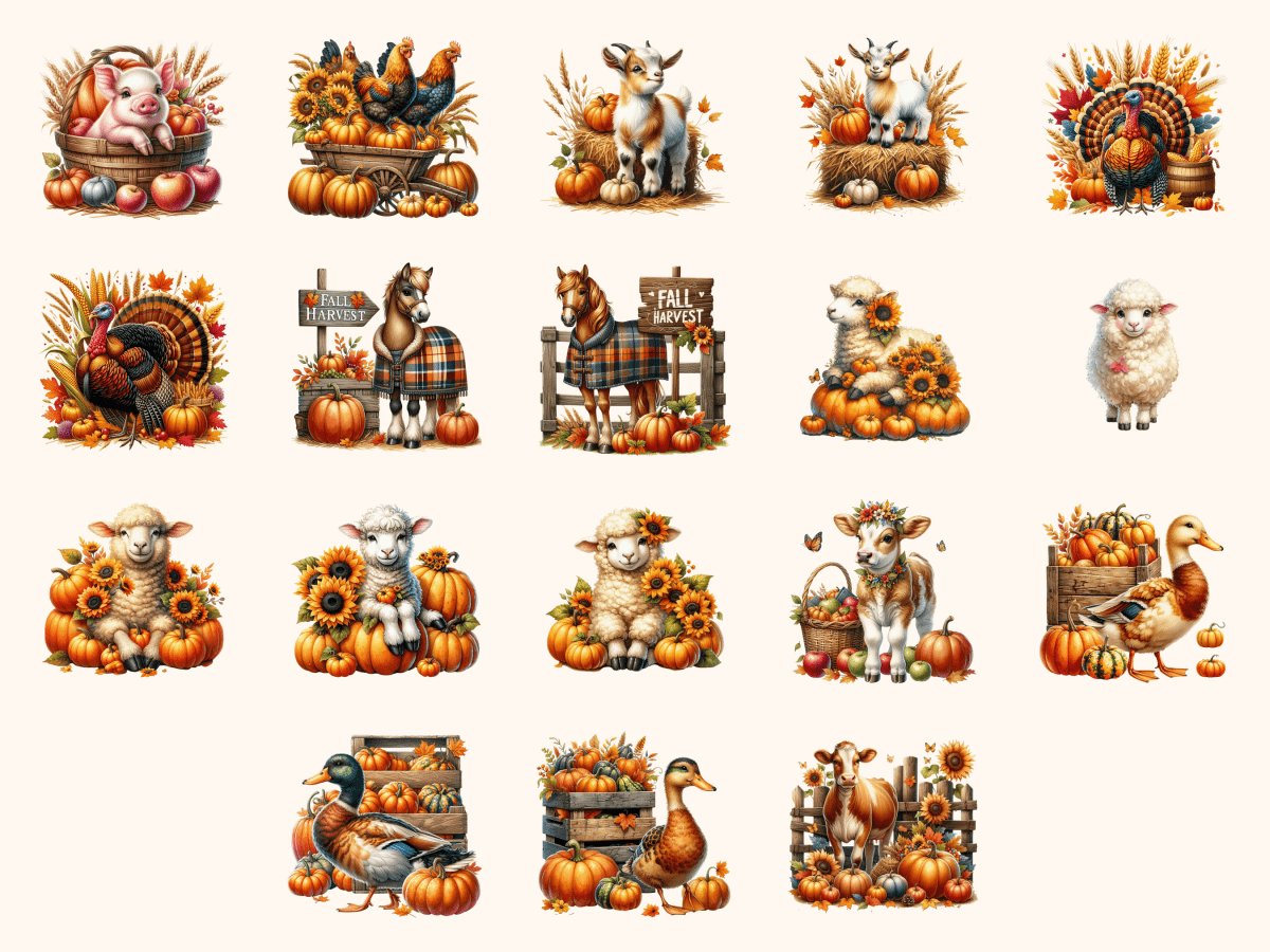 Fall Farm Animals Clipart All Bundles Clipart Line Art - WondersArtist