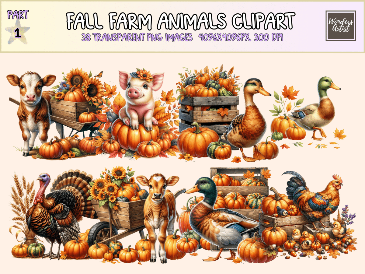 Fall Farm Animals Clipart All Bundles Clipart Line Art - WondersArtist