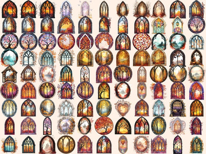 Fall Gothic Windows Watercolor Clipart autumn clipart autumn graphics autumn images - WondersArtist