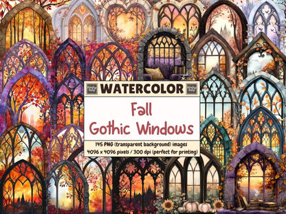 Fall Gothic Windows Watercolor Clipart autumn clipart autumn graphics autumn images - WondersArtist
