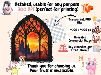 Fall Gothic Windows Watercolor Clipart autumn clipart autumn graphics autumn images - WondersArtist