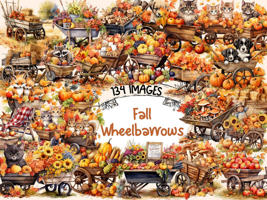 Fall Wheelbarrows Watercolor Clipart - High - Quality Instant Digital Download for Creative Projects