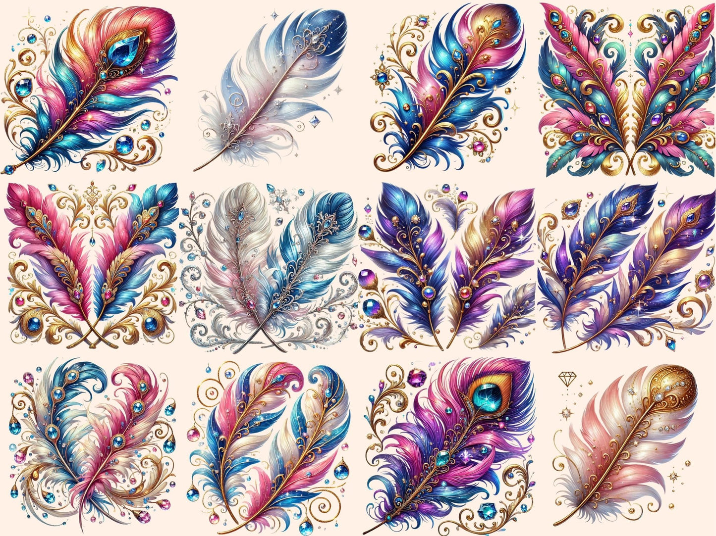 Fancy Feathers Clipart - High - Quality Instant Digital Download for Creative Projects