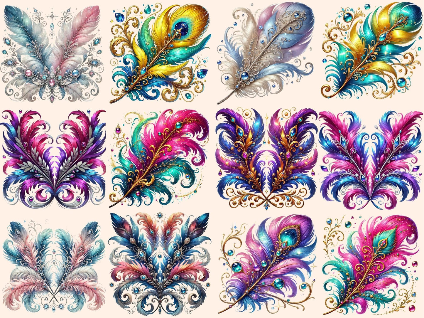 Fancy Feathers Clipart - High - Quality Instant Digital Download for Creative Projects