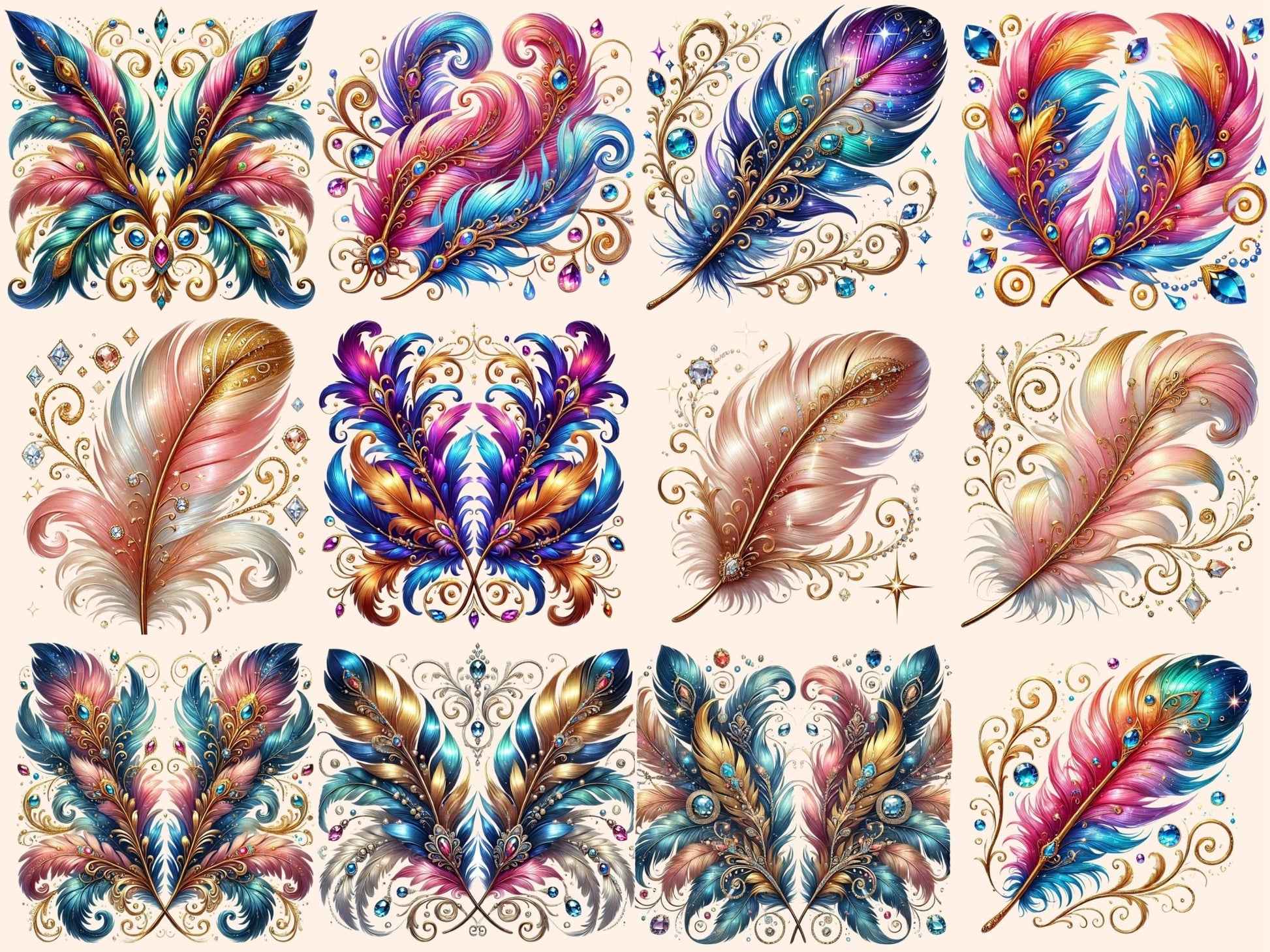 Fancy Feathers Clipart - High - Quality Instant Digital Download for Creative Projects