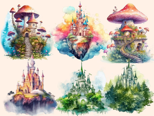 Clipart cu castele fantastice în acuarelă