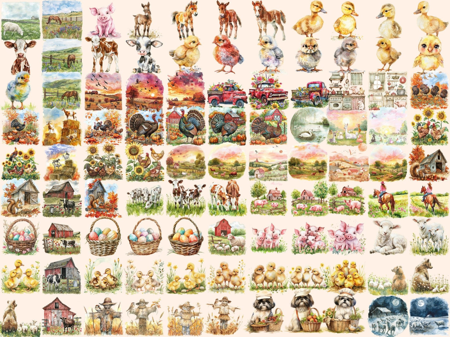 Farm Animals Watercolor Clipart - High - Quality Instant Digital Download for Creative Projects