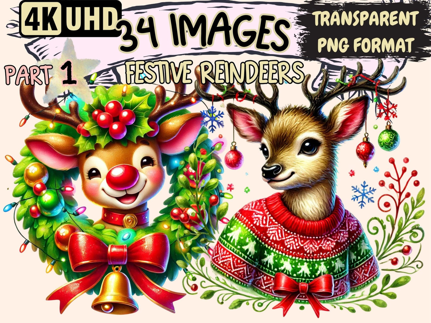 Festive Reindeers Clipart - High - Quality Instant Digital Download for Creative Projects