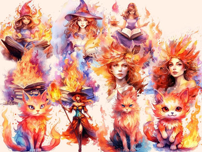 Fire Witches Watercolor Clipart fantasy clipart - Wonders Artist