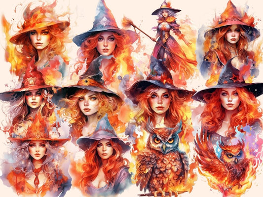 Clipart cu vrăjitoare de foc în acuarelă