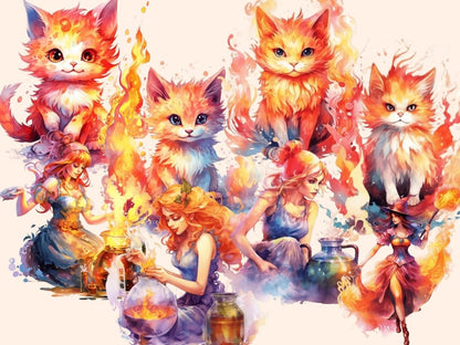 Fire Witches Watercolor Clipart fantasy clipart - Wonders Artist