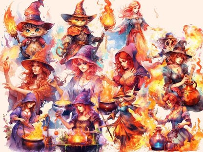 Fire Witches Watercolor Clipart fantasy clipart - Wonders Artist