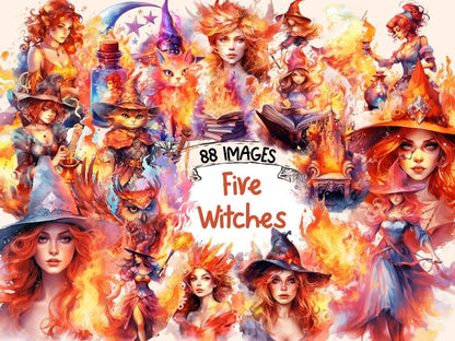 Fire Witches Watercolor Clipart fantasy clipart - Wonders Artist