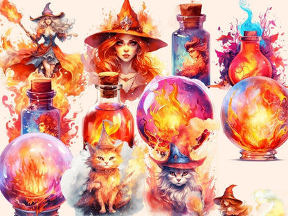 Fire Witches Watercolor Clipart fantasy clipart - Wonders Artist
