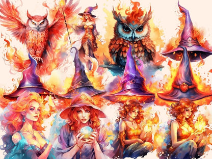Fire Witches Watercolor Clipart fantasy clipart - Wonders Artist