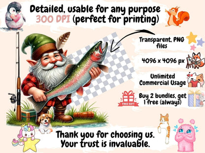 Fishing Gnomes (P2) Clipart - High - Quality Instant Digital Download for Creative Projects