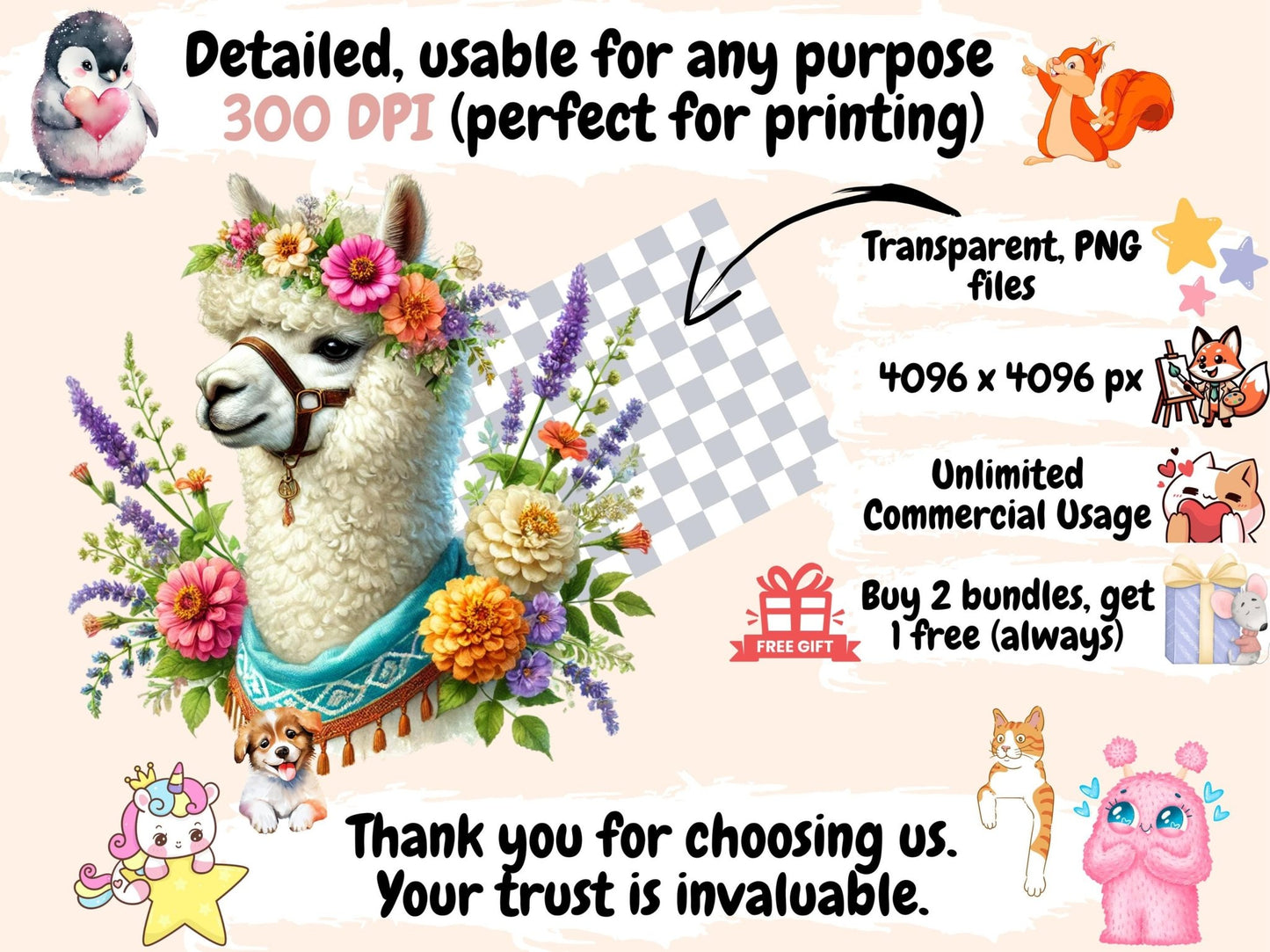 Floral Alpacas Clipart - High - Quality Instant Digital Download for Creative Projects