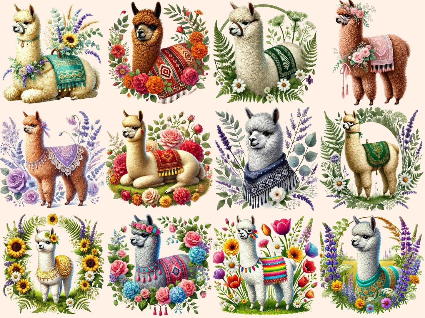 Floral Alpacas Clipart - High - Quality Instant Digital Download for Creative Projects