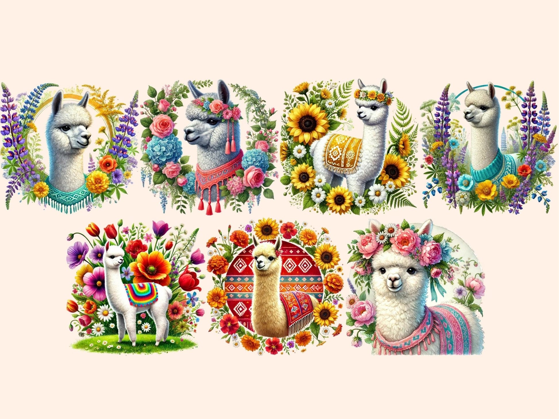 Floral Alpacas Clipart - High - Quality Instant Digital Download for Creative Projects