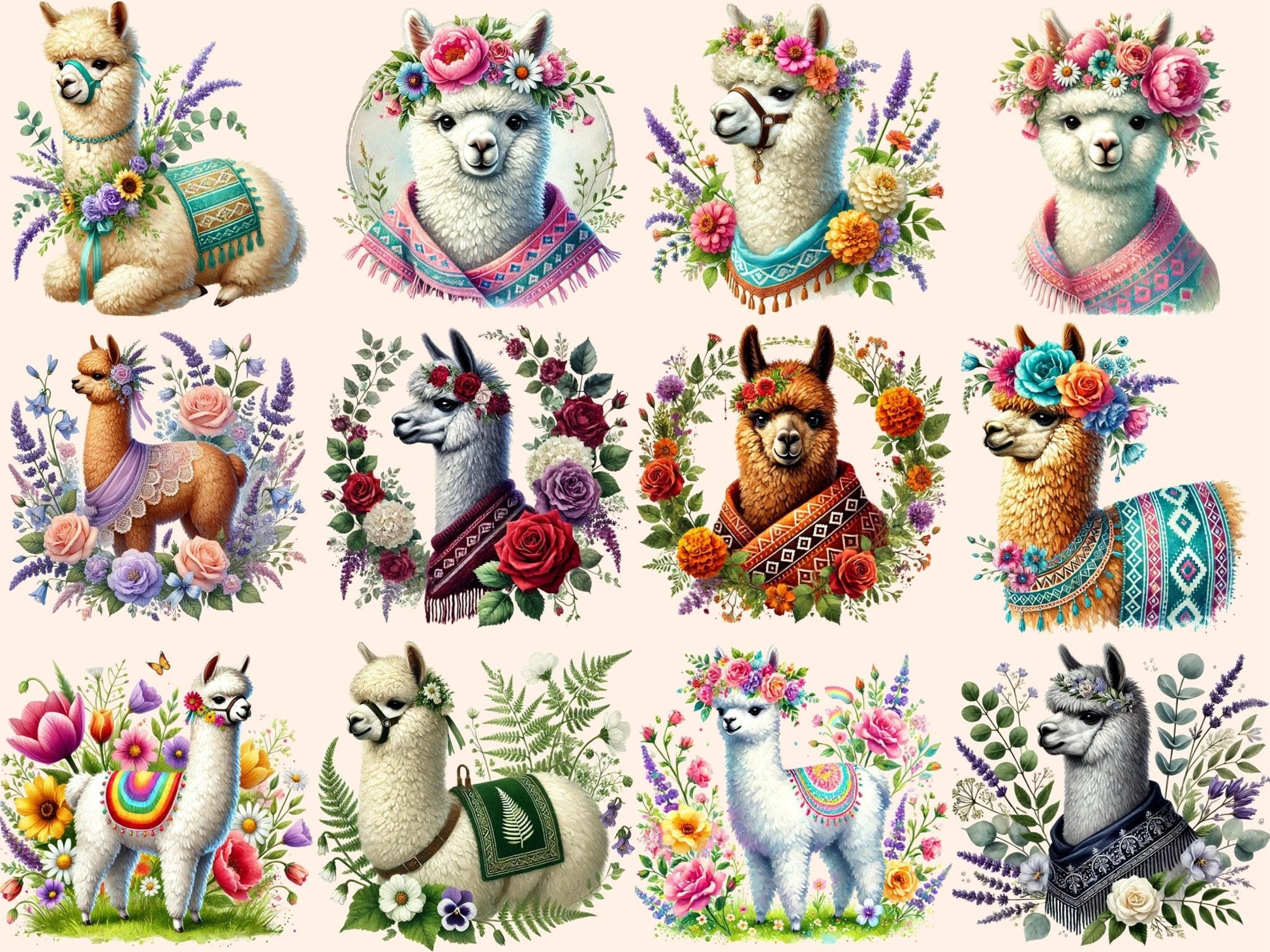 Floral Alpacas Clipart - High - Quality Instant Digital Download for Creative Projects