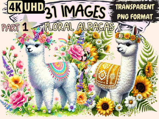 Floral Alpacas Clipart - High - Quality Instant Digital Download for Creative Projects