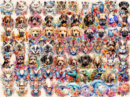 Floral Animals Watercolor Clipart - High - Quality Instant Digital Download for Creative Projects