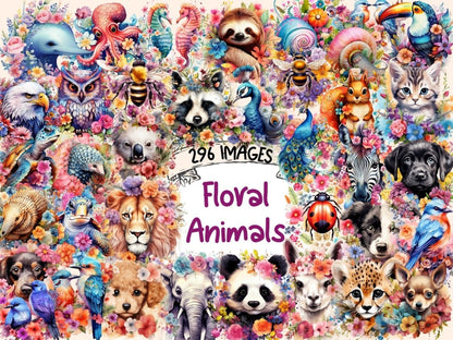 Floral Animals Watercolor Clipart animals with flowers - Wonders Artist