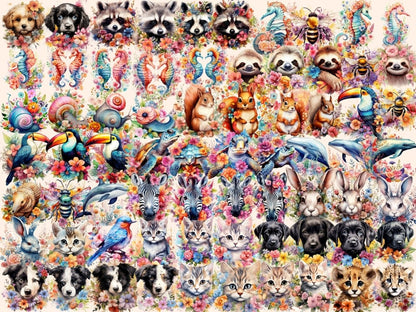 Floral Animals Watercolor Clipart animals with flowers - Wonders Artist