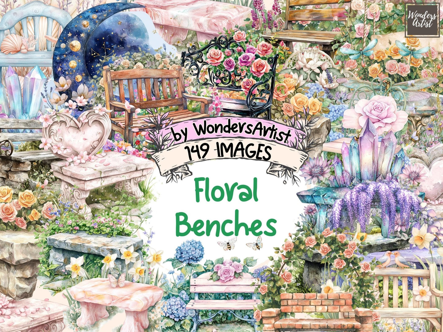 Floral Benches Watercolor Clipart - High - Quality Instant Digital Download for Creative Projects