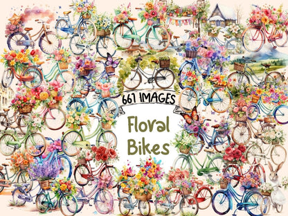 Floral Bikes Watercolor Clipart bicycle clipart - Wonders Artist
