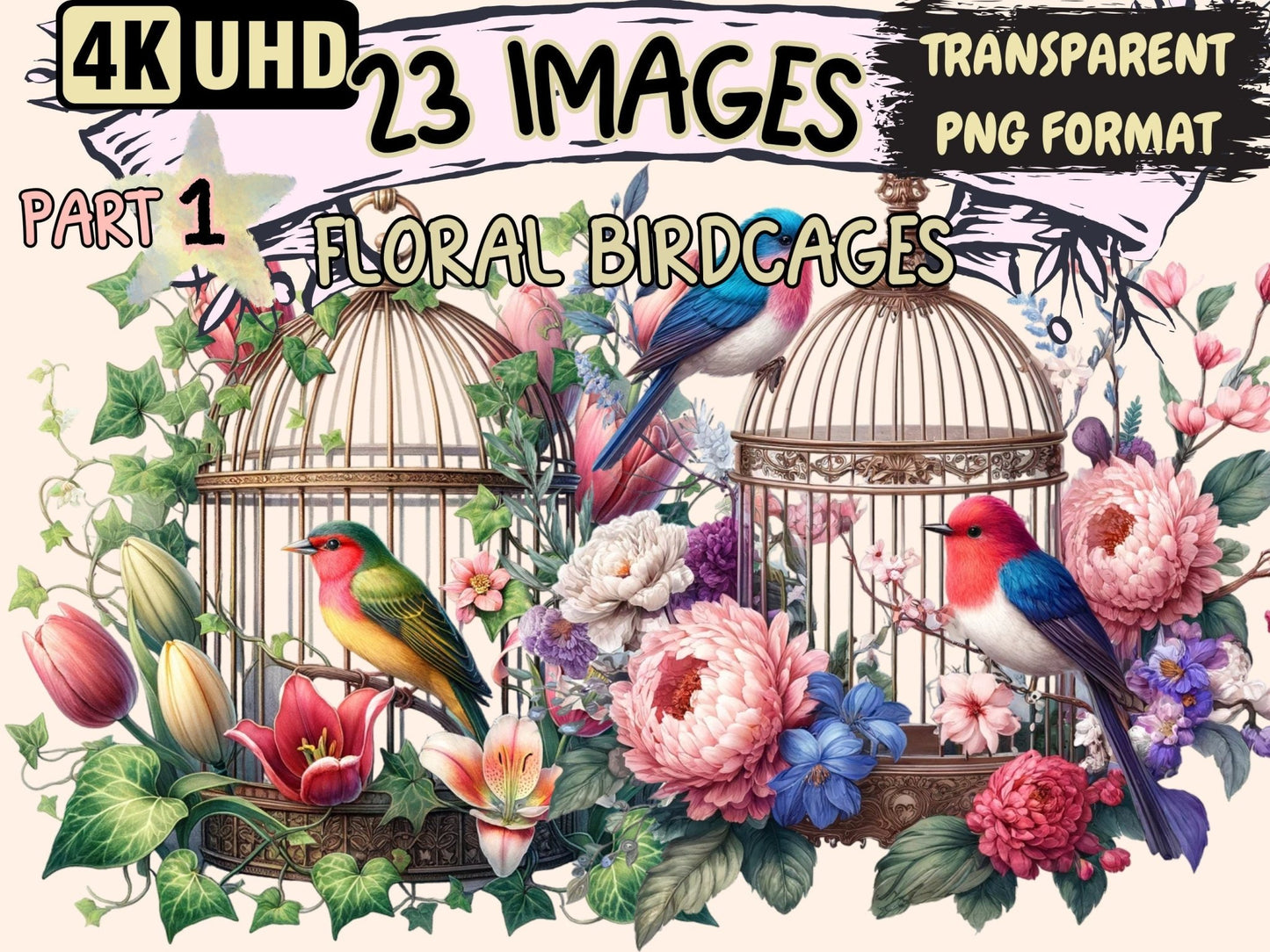 Floral Birdcages Clipart - High - Quality Instant Digital Download for Creative Projects