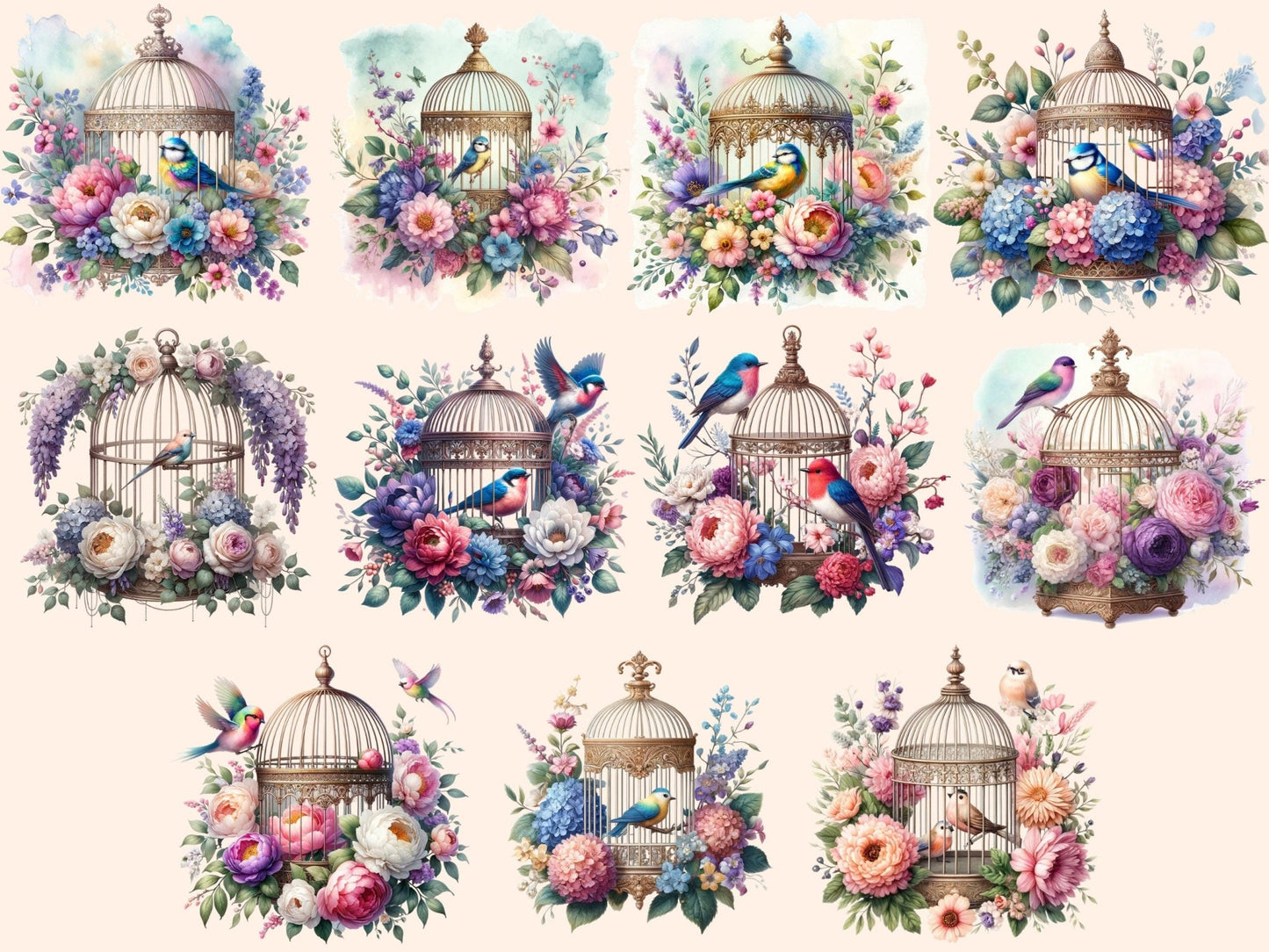 Floral Birdcages Clipart - High - Quality Instant Digital Download for Creative Projects