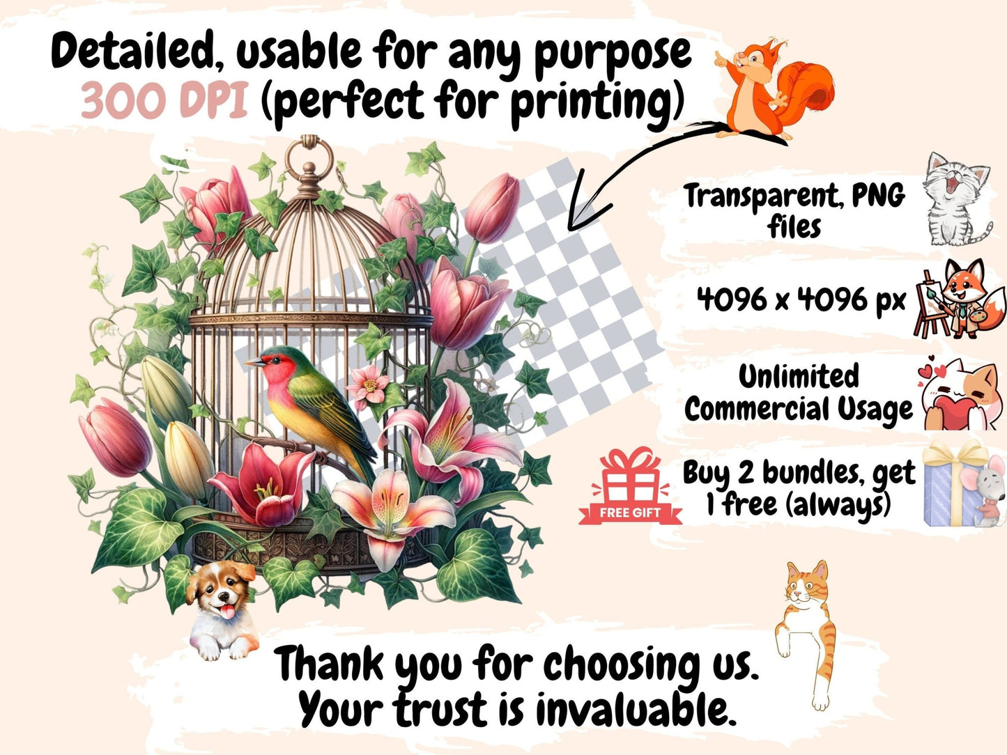 Floral Birdcages Clipart - High - Quality Instant Digital Download for Creative Projects