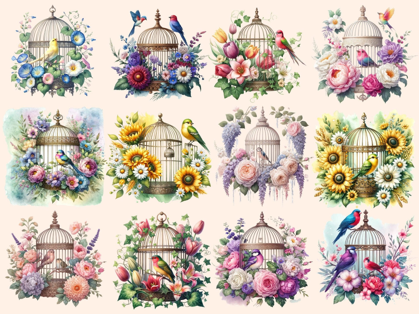 Floral Birdcages Clipart - High - Quality Instant Digital Download for Creative Projects