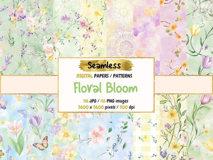 Floral Bloom Seamless Pattern Digital Papers bloom digital botanical print digital paper - WondersArtist
