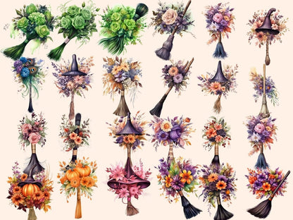 Floral Broomsticks Watercolor Clipart broom clipart - Wonders Artist