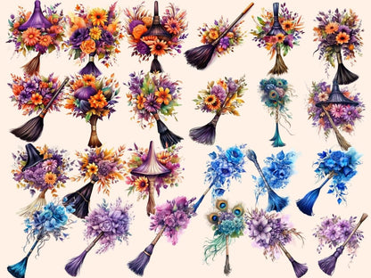 Floral Broomsticks Watercolor Clipart broom clipart - Wonders Artist