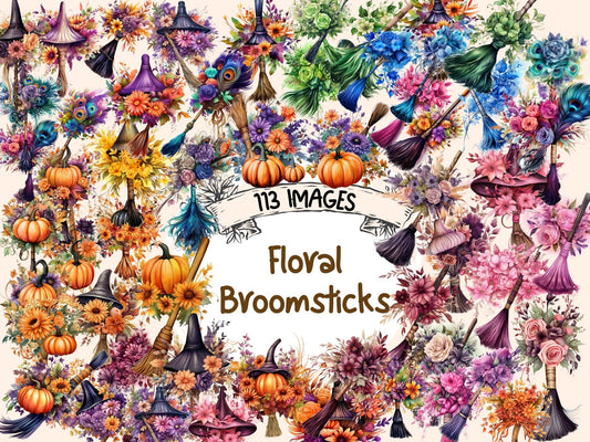 Floral Broomsticks Watercolor Clipart - High - Quality Instant Digital Download for Creative Projects