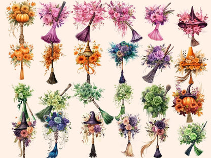 Floral Broomsticks Watercolor Clipart broom clipart - Wonders Artist