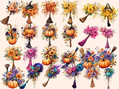 Floral Broomsticks Watercolor Clipart broom clipart - Wonders Artist
