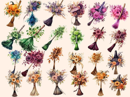 Floral Broomsticks Watercolor Clipart broom clipart - Wonders Artist