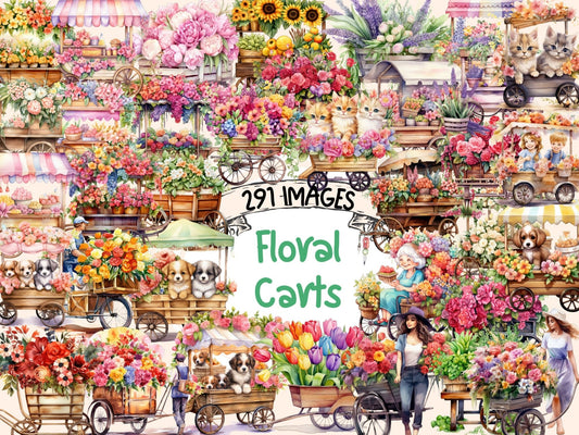 Floral Carts Watercolor Clipart - High - Quality Instant Digital Download for Creative Projects