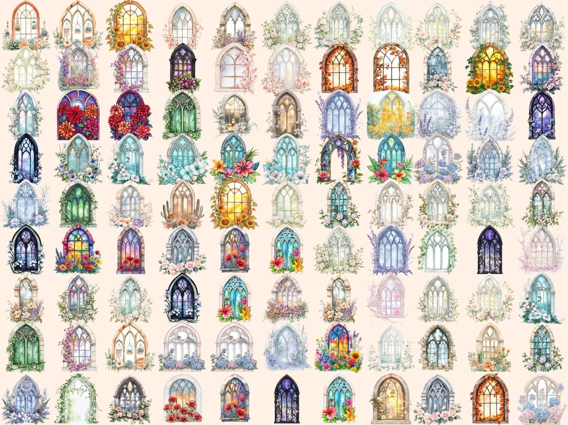 Floral Church Windows Watercolor Clipart - High - Quality Instant Digital Download for Creative Projects