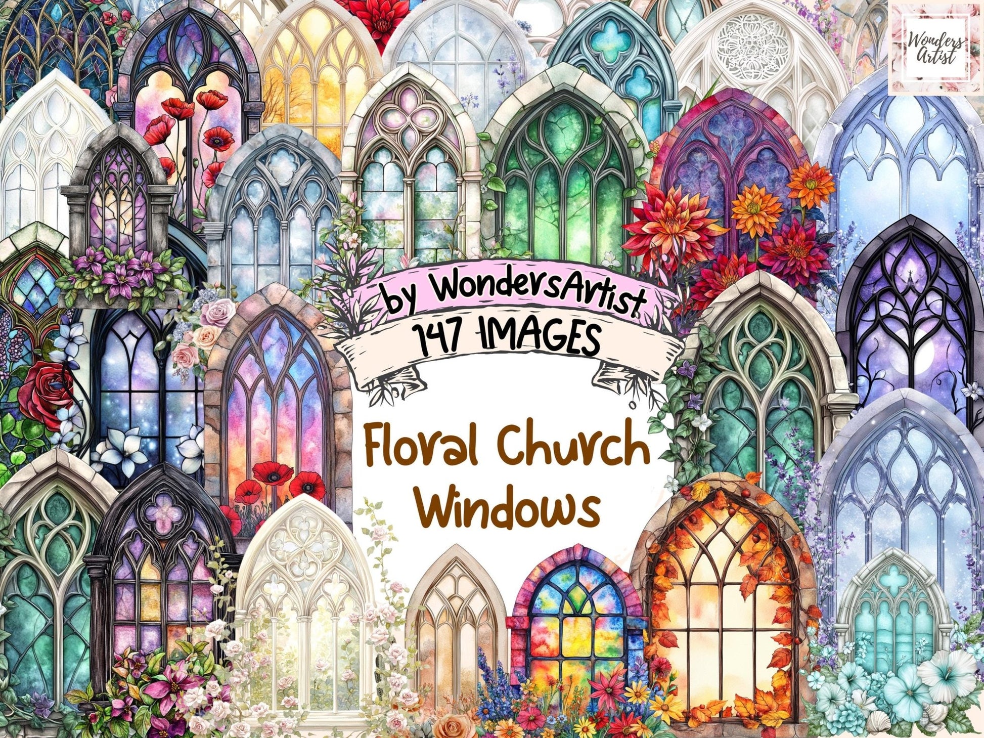 Floral Church Windows Watercolor Clipart - High - Quality Instant Digital Download for Creative Projects