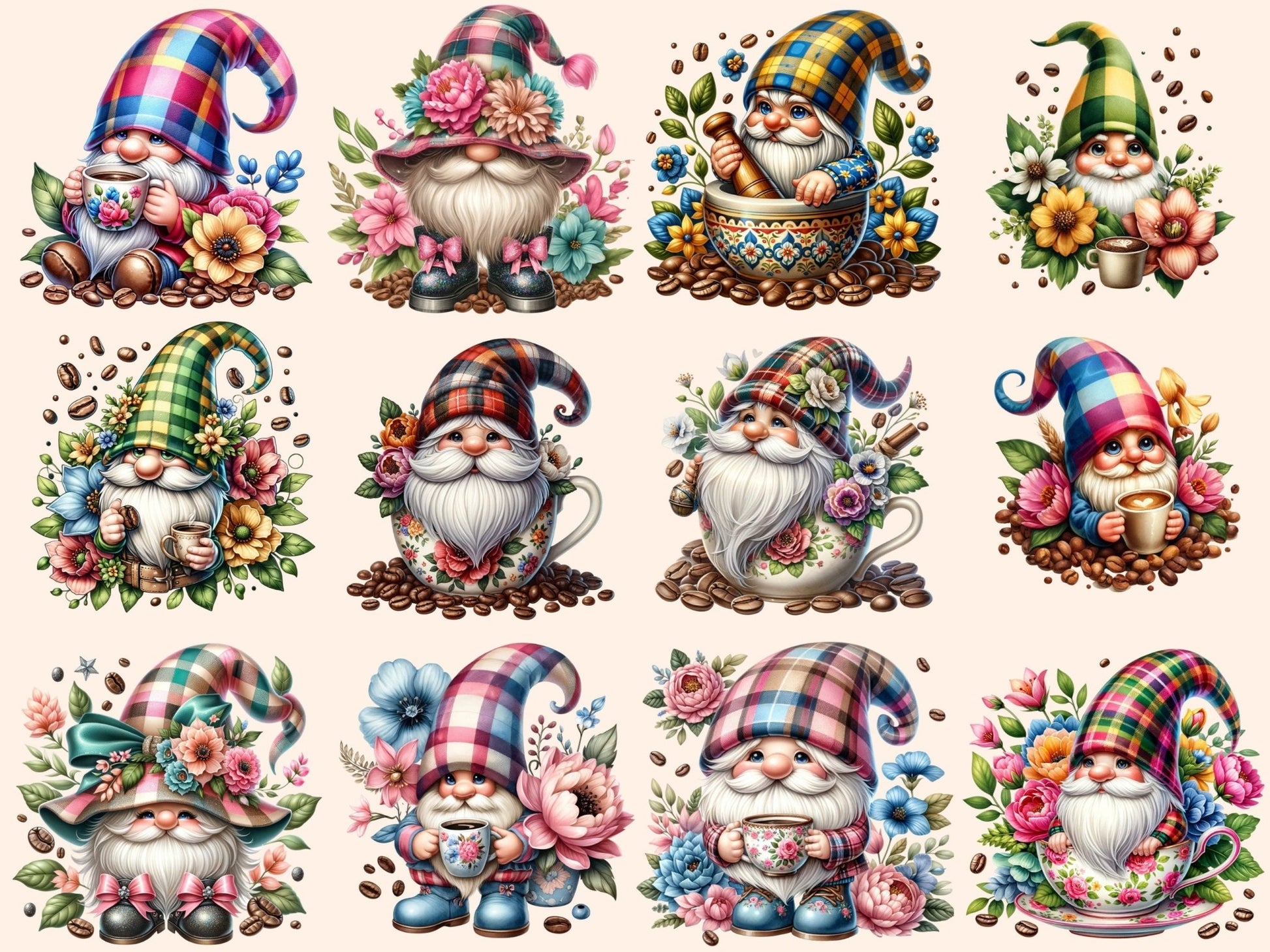 Floral Coffee Gnomes Clipart - High - Quality Instant Digital Download for Creative Projects